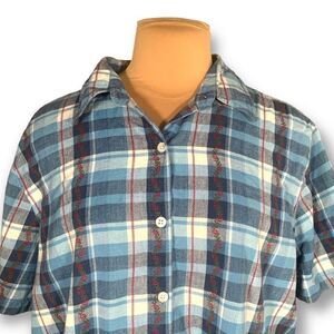 Vintage Jane Ashley Woman Shirt Blue Plaid Red Flower Detail Embroidered